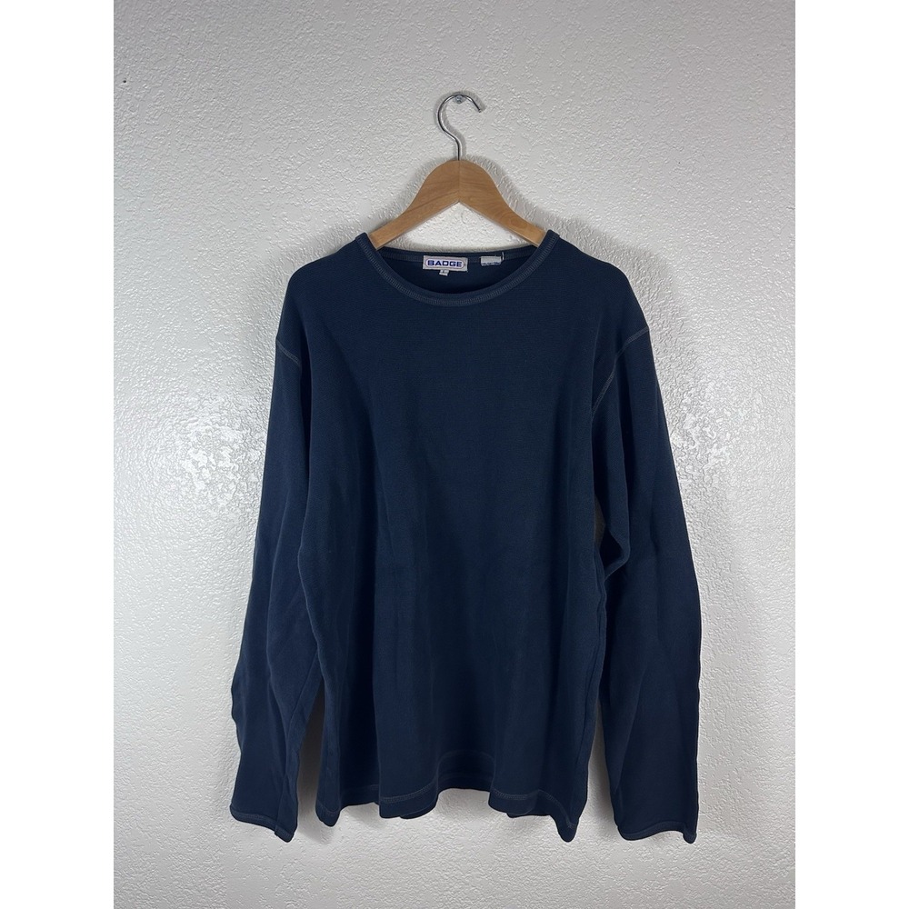 Vintage Badge Thermal Shirt Mens Large Blue Waffle Knit Long Sleeve Grunge